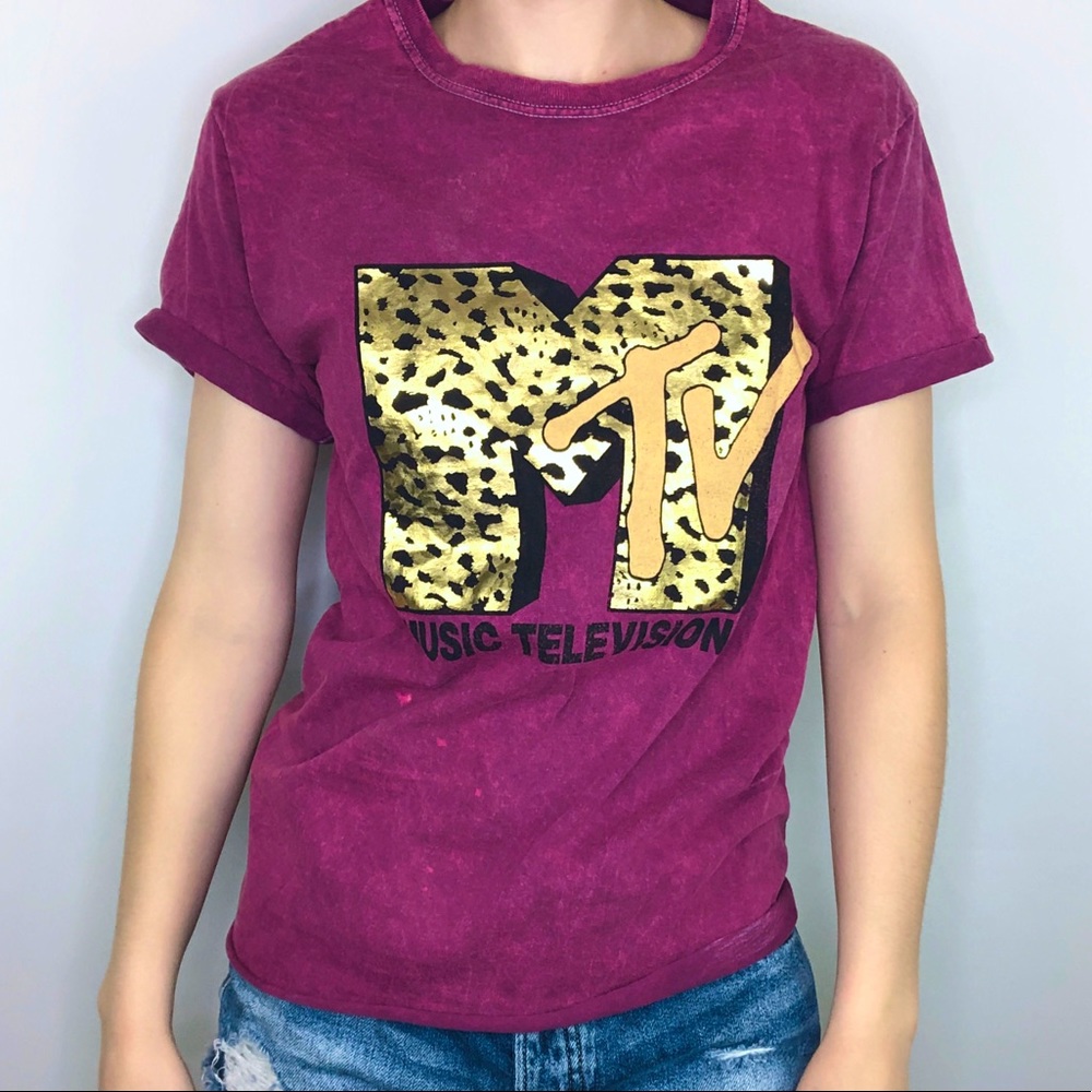 True Vintage MTV Gold Top Short Sleeve Graphic Purple Casual Metallic Y2K